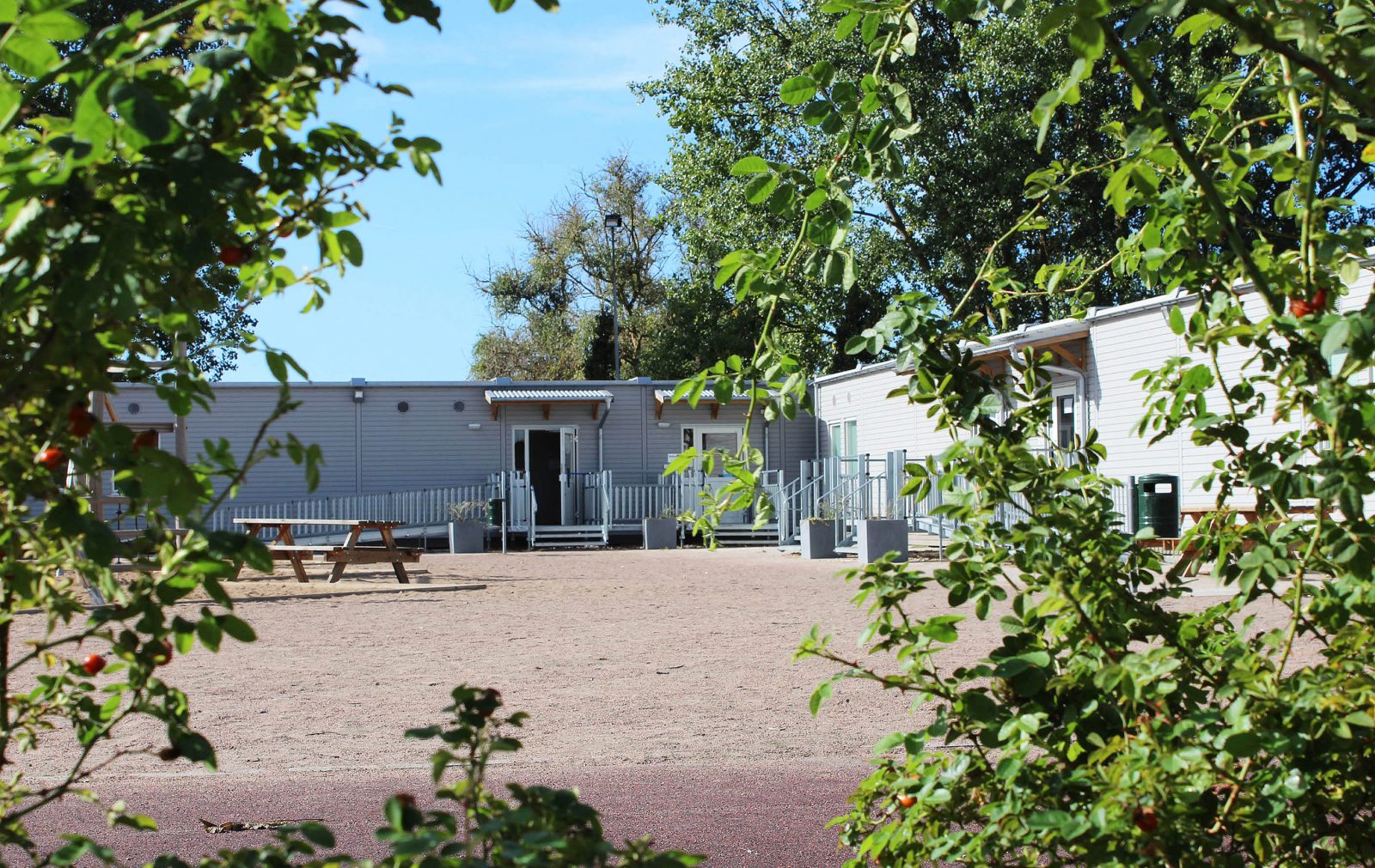 Skolgårdsvy med buske i förgrunden